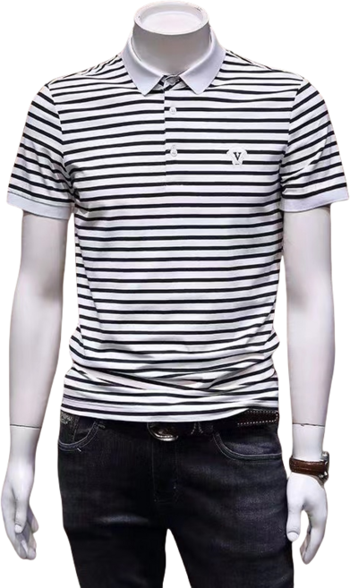 십전십미 남자 스트라이프 반팔 비즈니스 여름 패션 자수 칼라 반팔 티셔츠