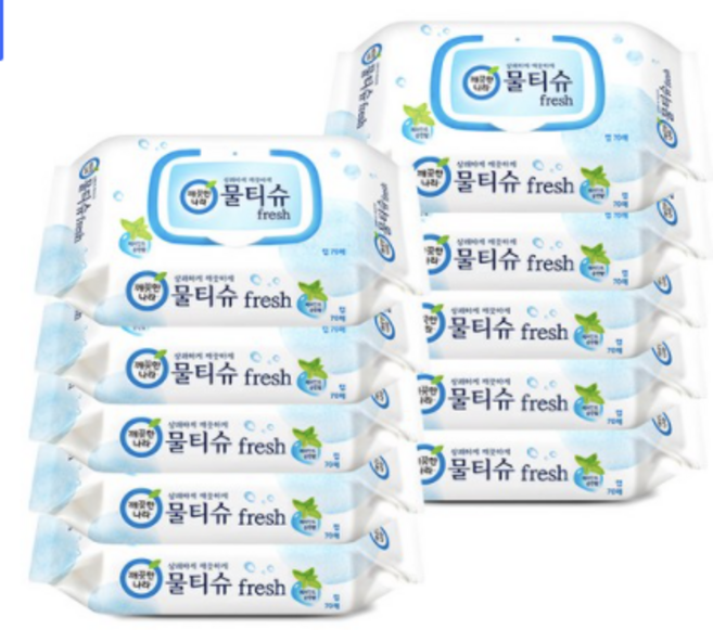 깨끗한나라 프레쉬 물티슈 페퍼민트 캡형, 10개, 70매입