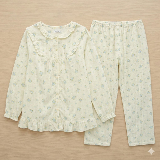 비비안 로맨틱 플라워 패턴 프리미엄 면 100% 면 우라기리 플라워나염 여성파자마