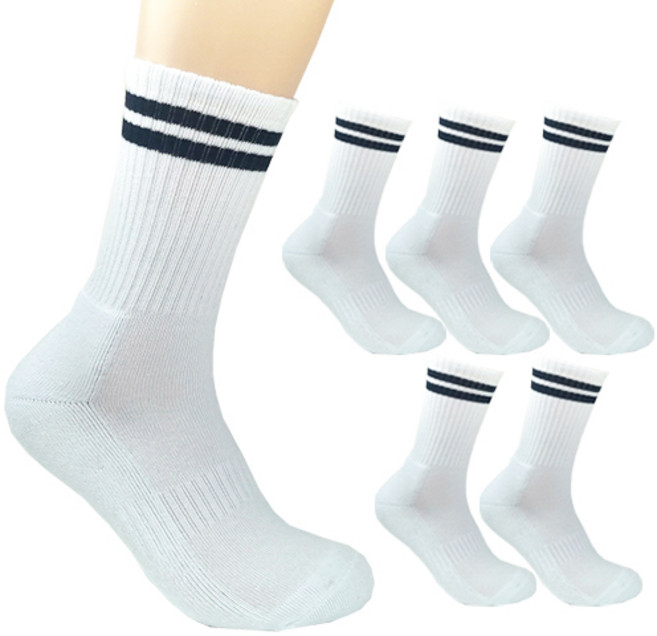 더베이직 남성용 두꺼운 이중쿠션 두줄 스포츠 장목 양말 6켤레, 화이트, 6개