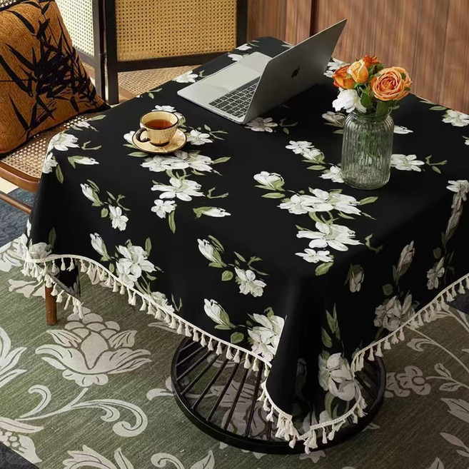 日式雪尼爾桌布，輕奢高級感，適用客廳、茶几、書桌、餐桌, 玉嵐桌布-黑色【加厚雪尼爾】,60*60cm含流蘇, 1個