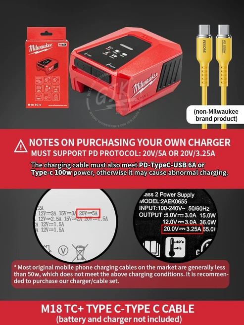 밀워키 M18 TC-0 탑오프 충전기 및 전원 공급 장치 어댑터 타입-C-USB-100V~240V-100W 케이블 별도 구매, [02] M18 TC 100W C-Cwire