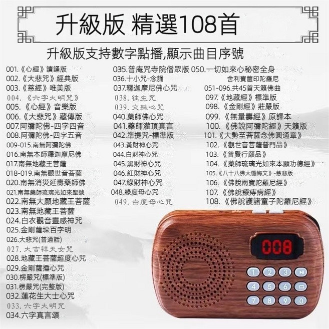 阿彌陀佛念佛機 木紋外觀 佛經播放機充電 神明用品, 般若-升級版+精選108首（白色）, 1個