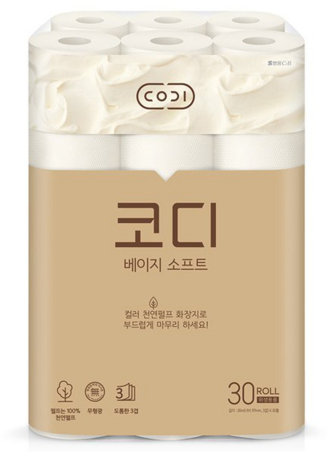 코디 천연펄프 3겹 먼지없는 베이지소프트 30m 30롤 2팩