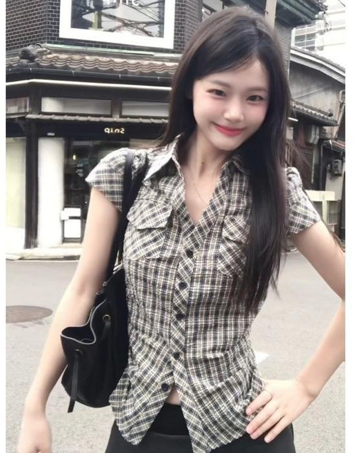 復古美式掐腰格子襯衫女 夏季修身韓系百搭短款甜美上衣