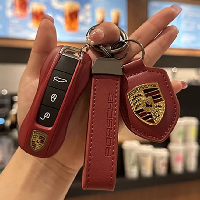 포르쉐 호환 가죽 키케이스 파나메라 타이칸 911 마칸 카이엔 키홀더 키커버, 보르도 레드 키 쉘 + 풀 세트