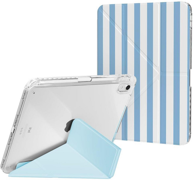 Ouinice 아이패드 11세대 A16 케이스 11인치 2025 10세대 10인치 2022년 케이스 펜슬 홀더 포함 종이 접기 3단 다각도 스탠드 슬림 클리어 백 커버, 블루 스트라이프