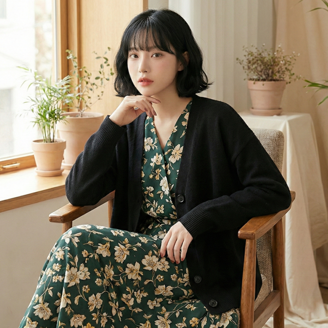 데일로엔 여성 니트 긴팔 브이넥 오버핏 무지 가디건