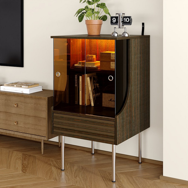 레준모던 500 슬라이딩 유리문 수납장 LED 조명, 월넛