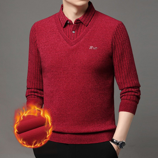 남성 기모 카라 긴팔티셔츠 페이크 가을 겨울 페이크 투피스 중년남자 셔츠 골프 상의 루즈핏 아빠룩