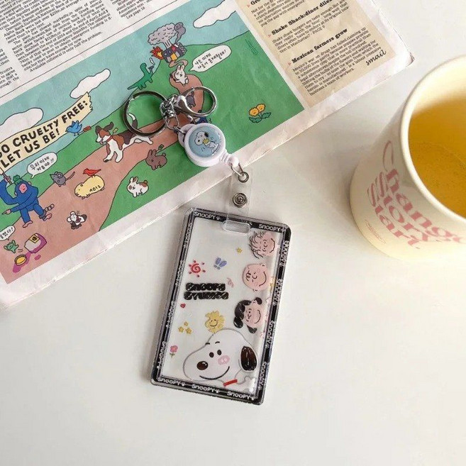 스누피 찰리 브라운 학생용 ID 카드홀더 개폐식 릴 포함 이름표 클립 신분증 케이스