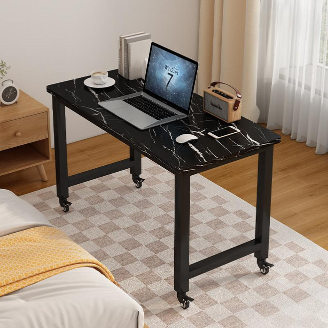 바퀴달린 책상 테이블 노트북 공간활용 침대 협탁 긴 이동식 나무, 60x50x74cm, 블랙마블 패턴+블랙 프레임