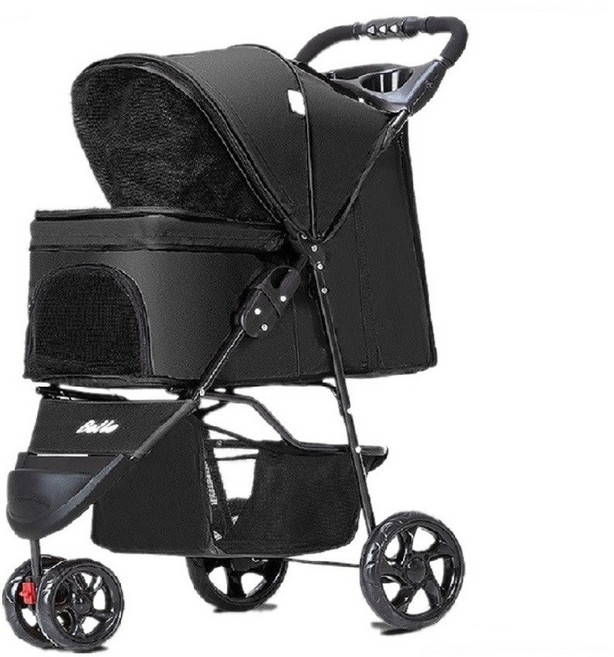 Bello 寵物推車 一鍵折疊 360度萬向前輪 承重20KG, 1個, 寵物推車三輪-黑色, 黑色