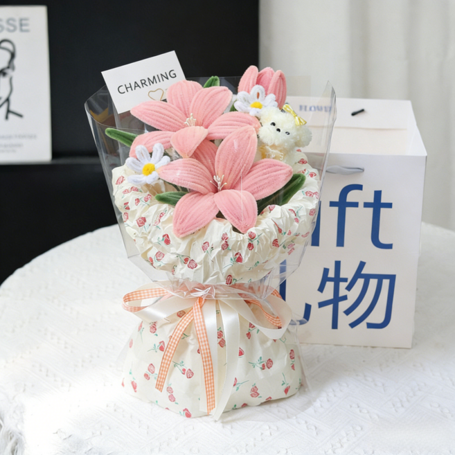 YAPOGI 댕댕이 인형 꽃다발 졸업식꽃다발 학예회 꽃다발, 1개, 핑크