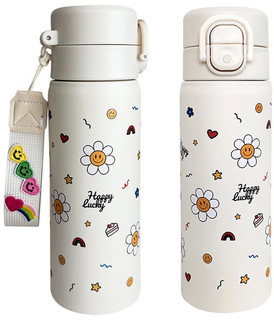 바이코코 DIY 스트랩 스마일 데이지 보온 보냉 스텐 예쁜 손잡이 빨대 텀블러, 1개, 500ml, 크림아이보리