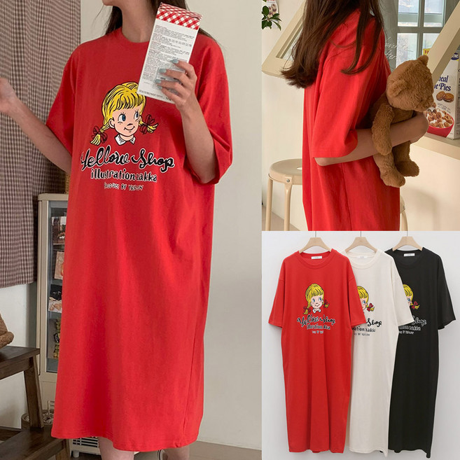 편하고 예쁜 빅사이즈 반팔 롱 원피스 삐삐 프린팅 캐주얼 홈웨어 ops 66-110 size 큰옷 봄 여름 가을