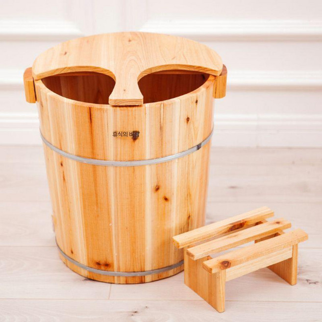 족욕탕 히노끼 족욕통 마사지 각탕기 바구니 물통 나무통 습식 종아리 족탕기, 7. 40CM 나무통+긴 손잡이 커버+작은 스툴