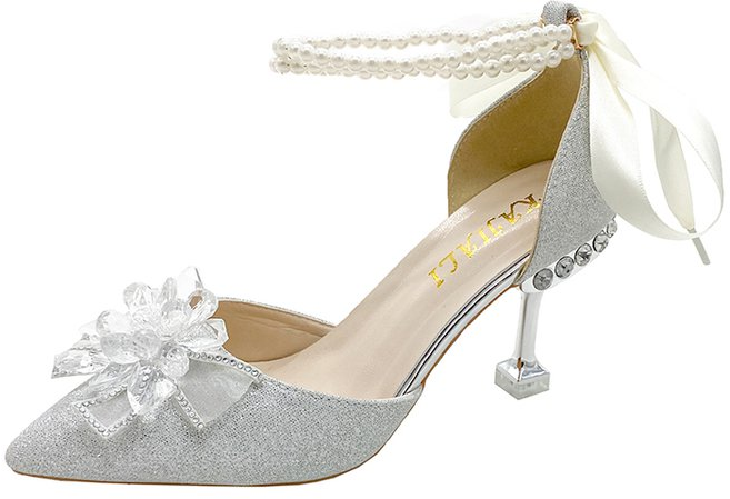 KAJILI 法式尖頭高跟鞋 蝴蝶結裝飾婚鞋, 1個, 銀色細跟8cm39