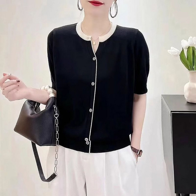 로르카 여성 라운드넥 배색 버튼 반팔 루즈핏 심플 스타일 단정한 편안한 니트 가디건 M01031519