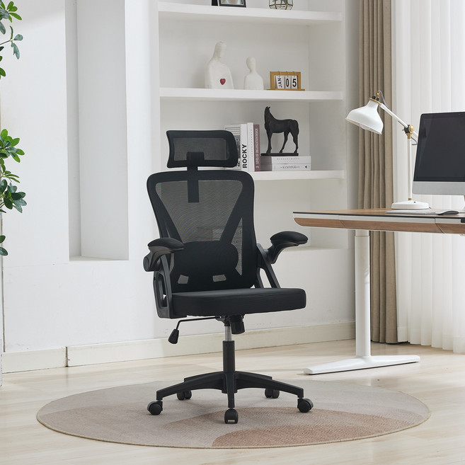 Koaris 고급 메쉬 코듀로이 사무용 의자 헤드레스트+요추받침 조절 가능 컴퓨터 의자, 블랙