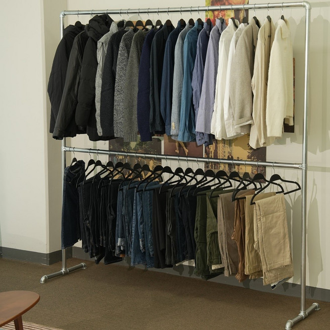 [흔들림 방지 구조] 튼튼한 철제 파이프 스탠드 옷걸이 행거, 실버