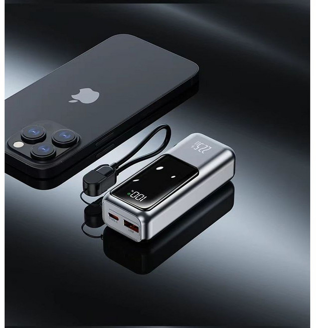 自帶線行動電源 22.5W快充 Type-C CCC Wh標示 隨身充 可上飛機出國, 20000mAh-灰色
