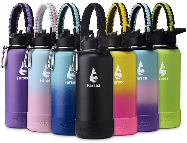 파라코드 손잡이가 있는 파시 단열 물병 보호용 실리콘 부츠 및 뚜껑 2개(스트로우 스파우트 뚜껑) 스테인리스 스틸 물병 넓은 입 이중 벽 땀 방지 BPA 프리 24온스, 32 Ounces, Lemon Green