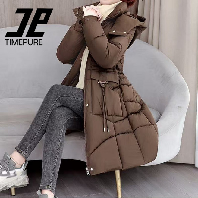 타임퓨어 여성용 겨울 롱 패딩 코트 허리 조임 기능 두꺼운 보온 후드 지퍼 드로스트링 디자인 방풍 처리 캐주얼 스타일 코트