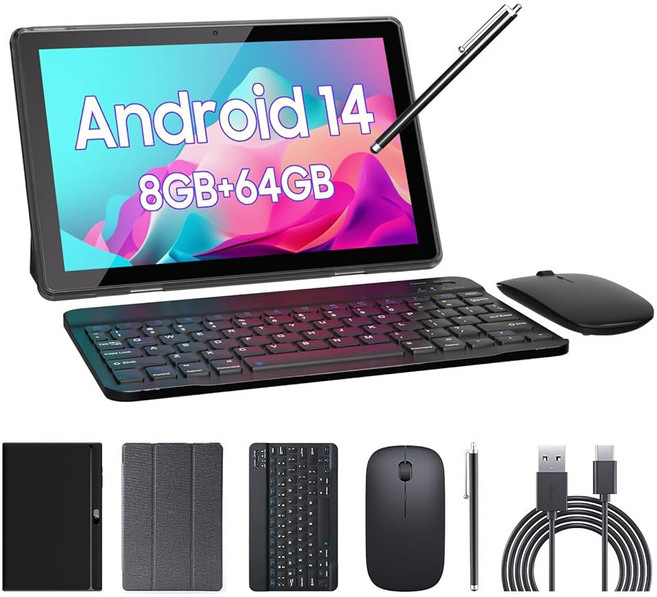 태블릿 2 in 1 키보드 케이스 마우스 스타일러스 8GB+64GB/1TB 확장 10.1인치 터치스크린 탭 6000mAh 배터리 2MP+8MP 듀얼 카메라 WiFi6 블루투스 1종, 2 in1 black, ZZB 2 in1 검정