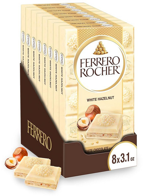 Ferrero Rocher 페레로로쉐 화이트초콜릿 바 화이트 헤이즐넛 90g 8개, 헤이즐넛 필링 크리미 바삭한 식감의 페레로 로셔 화이트