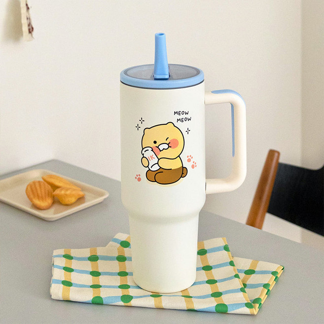 카카오프렌즈 대용량 점보 그립 스텐 텀블러 보온 보냉 접이식 빨대 손잡이 텀블러 차량용 1.18L