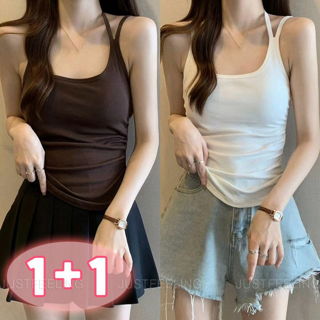 JUSTFEELING 1+1 모달 빅사이즈 나시티 끈나시 봄 여름 가을아우터 캐주얼 나시티셔츠 슬림 여성티셔츠 D10U