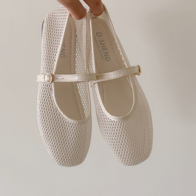 슈뿐 여성 망사 메쉬 시스루 메리제인 버클 플랫슈즈