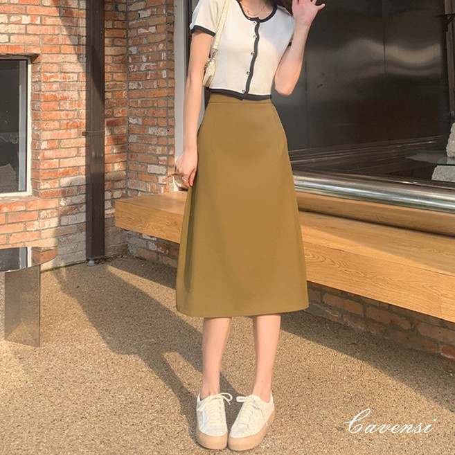 Cavensi 後開叉高腰半身裙 S-3XL 多色冰絲長裙
