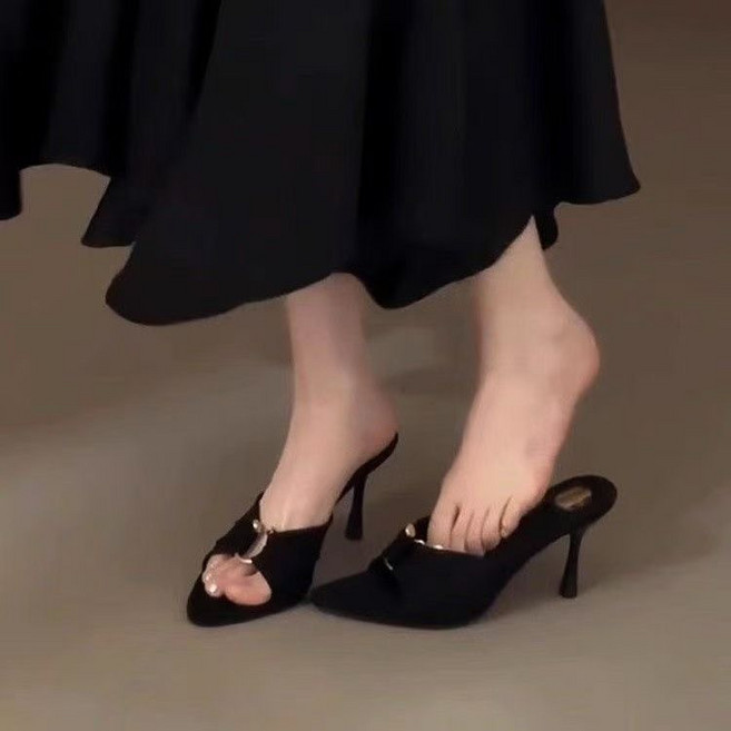 용태원 여름 여성 스틸레토 힐 샌들 메탈 버클 새틴 슬리퍼 Y260-1178
