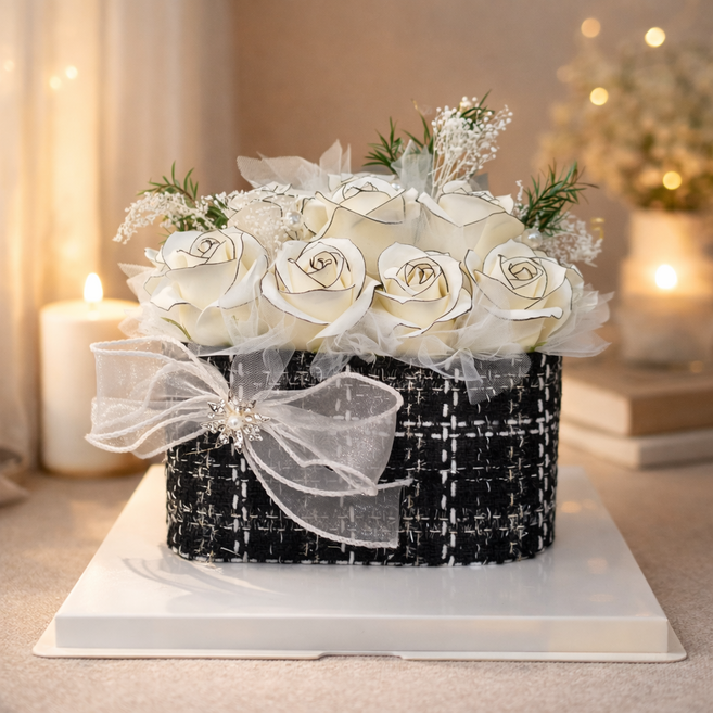 클래식 라인장미 트위드 에디션 비누 꽃다발 꽃상자 케이스 꽃바구니 핸드메이드 플라워 핸드백, 화이트, 1개