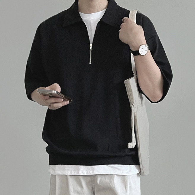 국내제작 무지샵 남자 남성 여름 아노락 반집업 카라 반팔 티셔츠