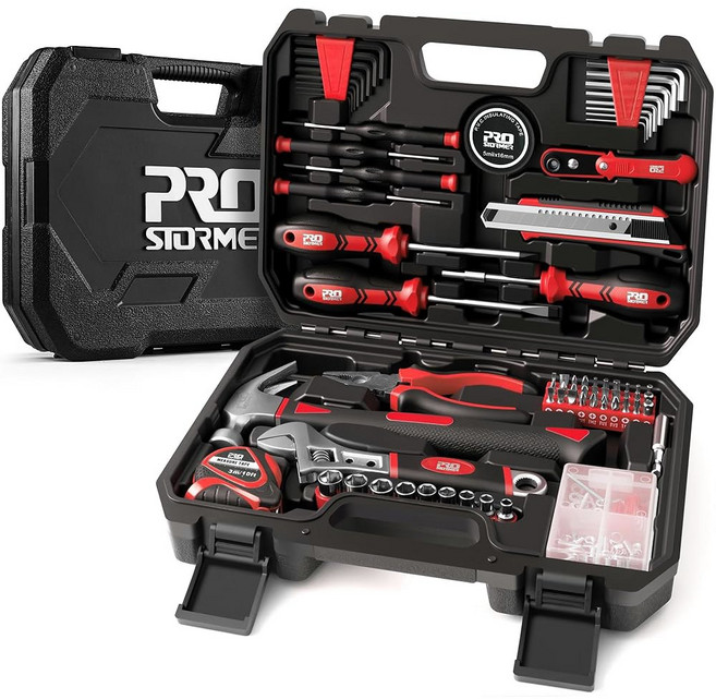 Prostormer 160피스 가정용 수리 도구 세트 차고 대학 기숙사 사무실용 공구 보관 케이스가 포함된 일반 가정용 수공구 키트 파란색, Red, 1개