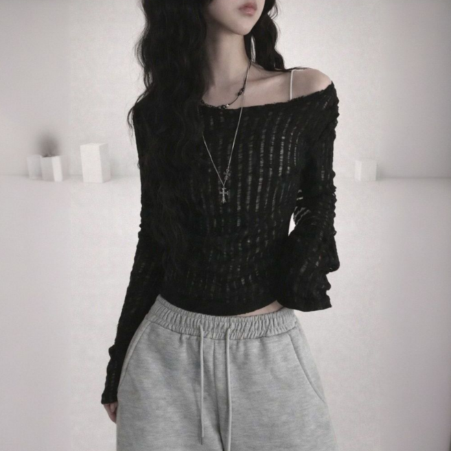 씨케이 여리여리 시스루 골지 니트 오프숄더