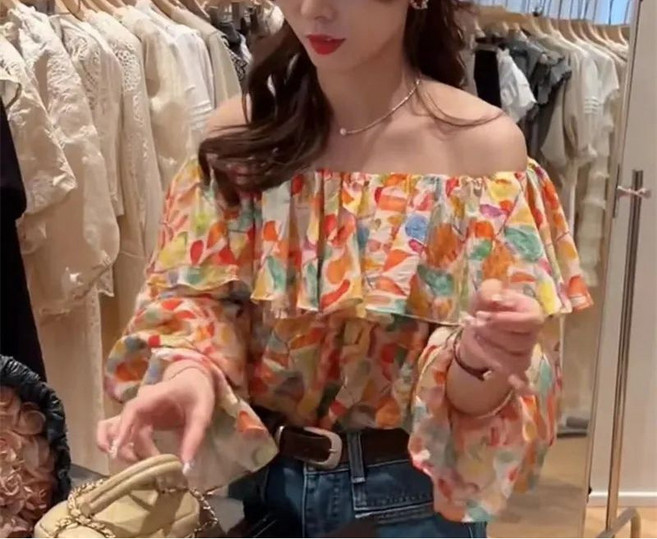 Choyur여성 오프숄더 프릴 블라우스 꽃무늬 디자인tyq
