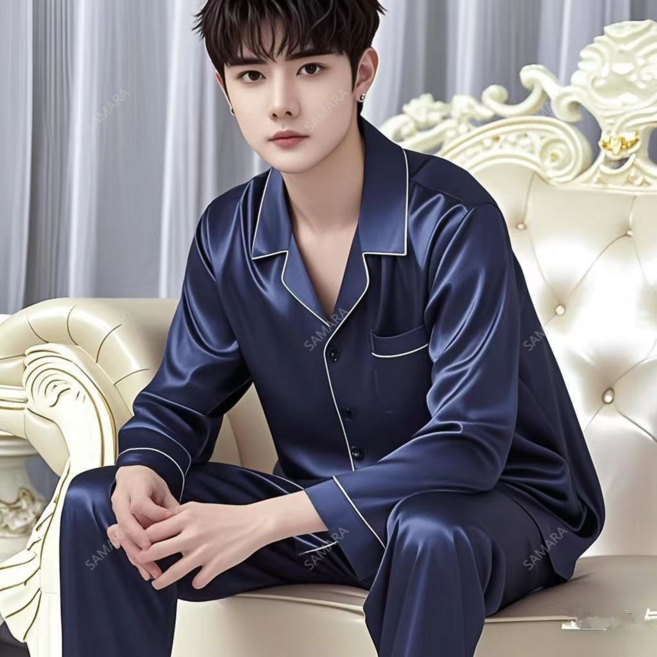 SAMARA 남자 실크잠옷 세트 봄 가을 패션 홈웨어 빅사이즈
