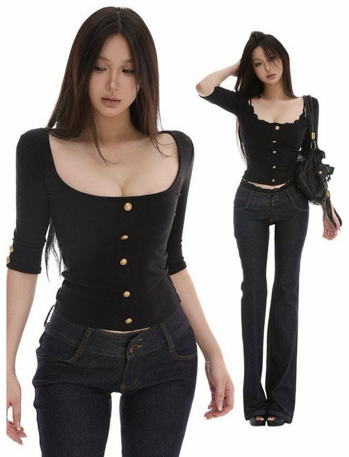 Satiko 여성용 스퀘어넥 금장 버튼 티셔츠 슬림핏 5부 소매 상의 쫀쫀한 골지 소재 체형커버 섹시한 무드 베이직 가을 포인트 룩 고급스러운 블랙 컬러 데일리 아이템 가성비