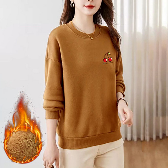 스타일아유 루즈핏 가을 겨울 따뜻한 라운드넥 티 체리 프린팅 귀여운 데일리여자 기모 맨투맨 TS2252