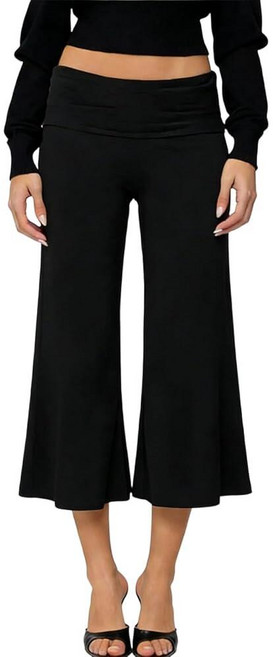 Seyurigaoka Fold Over Capri Gaucho Pants for Women Cropped Wide Leg Flowy Gauchos Low Rise Flare Y, 솔리드 블랙