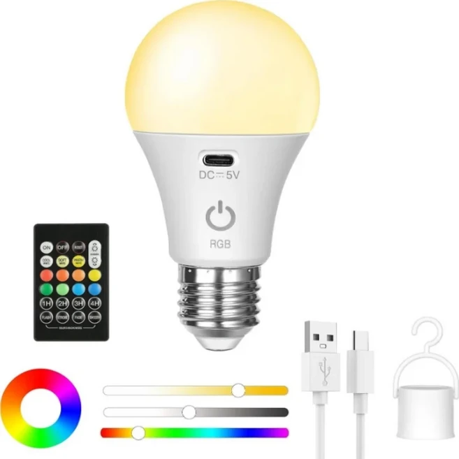 RGB/3색 USB LED 전구 충전식 스마트 가능 E27 밍 기능 무선 배터리 작동, [02] 16color, 1개