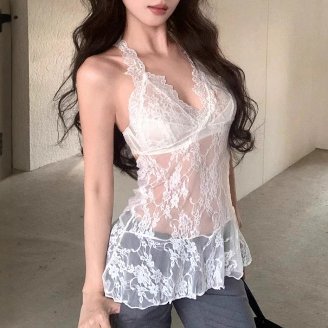 아이엠몽 여성 커버업 시스루 레이스 섹시 홀터넥 나시 티셔츠