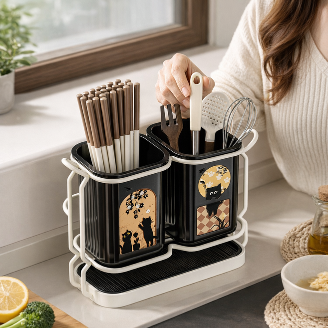 딜하우스 분리형 물빠짐 다용도 수저통, 1세트, 블랙