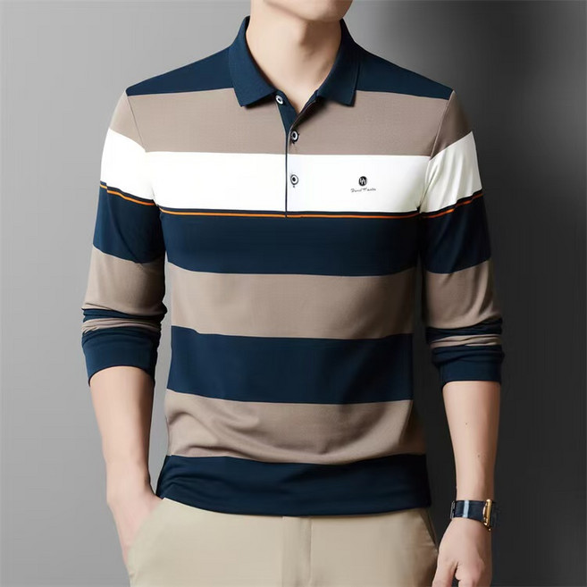 J nd O남성 스트라이프 긴팔 카라티 봄 가을 캐주얼 폴로 티셔츠