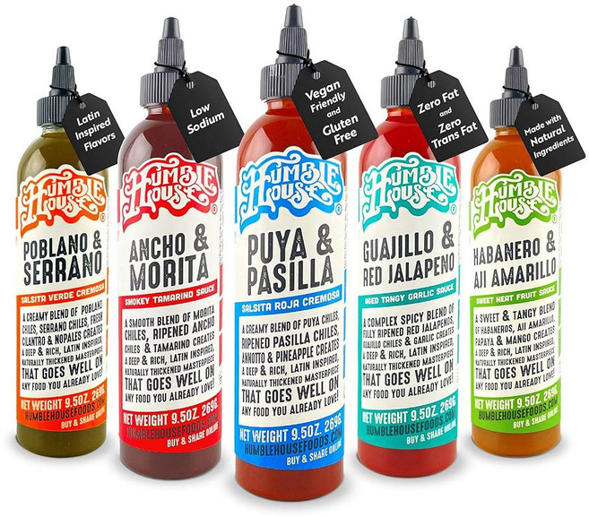 험블 하우스 - 과히요 & 레드 할라피뇨 페퍼 핫 소스 치킨 윙 후무스 과카몰리 블러드 메리 등을 위한 저칼로리 조미료 방부제 프리 엔칠라다 9.5온스, Variety Pack, 9.5 Ounce (Pack of 5)