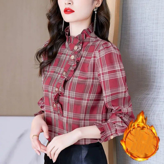 AOKADA 여성 가을 겨울 체크 플리츠 기모 긴팔 셔츠 블라우스